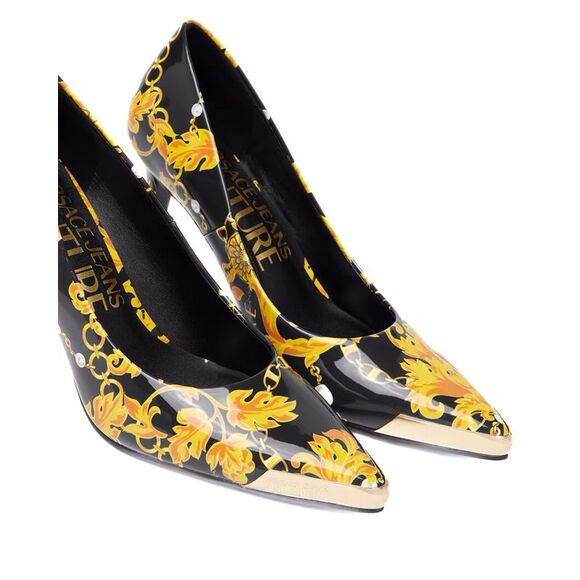 Versace Jeans Couture Black/Gold Baroque Print Toe Cap Stiletto Pumps - Picture 4 of 4